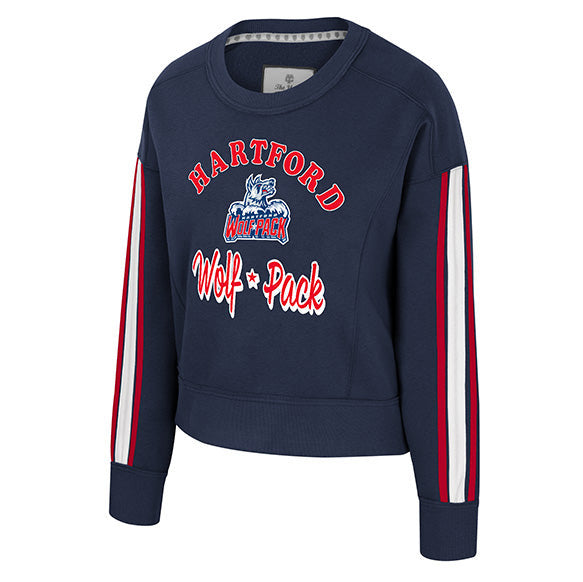 Navy blue sweatshirt with red and white text and accents on a white background