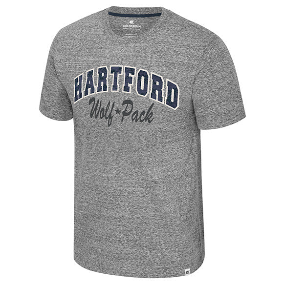 Gray t-shirt with 'Hartford Wolf Pack' text on a white background