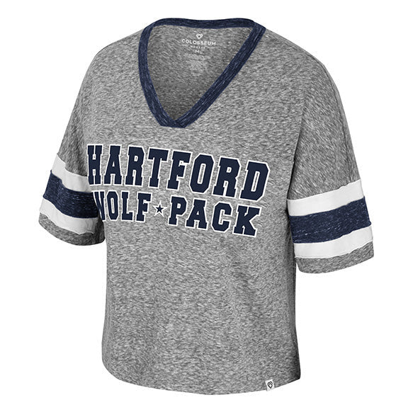 Gray t-shirt with 'Hartford Wolf Pack' text on a white border