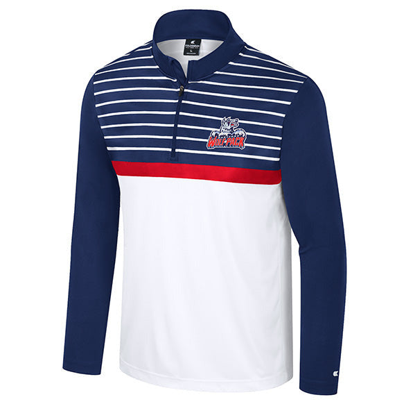 Long-sleeve shirt with blue, white, and red design on a white background