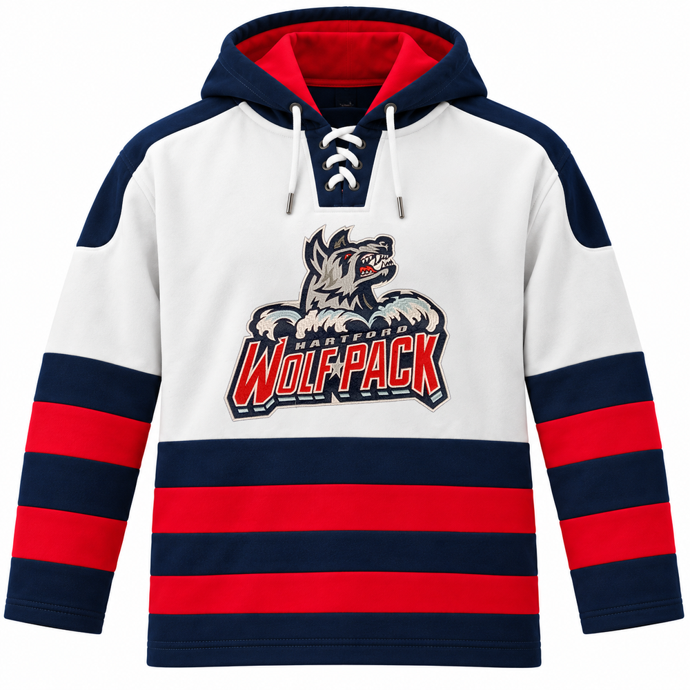 Hartford Wolf Pack Embroidered Primary Logo Lace White Hoodie with 30th Anniversary Patch on Sleeve - Front View