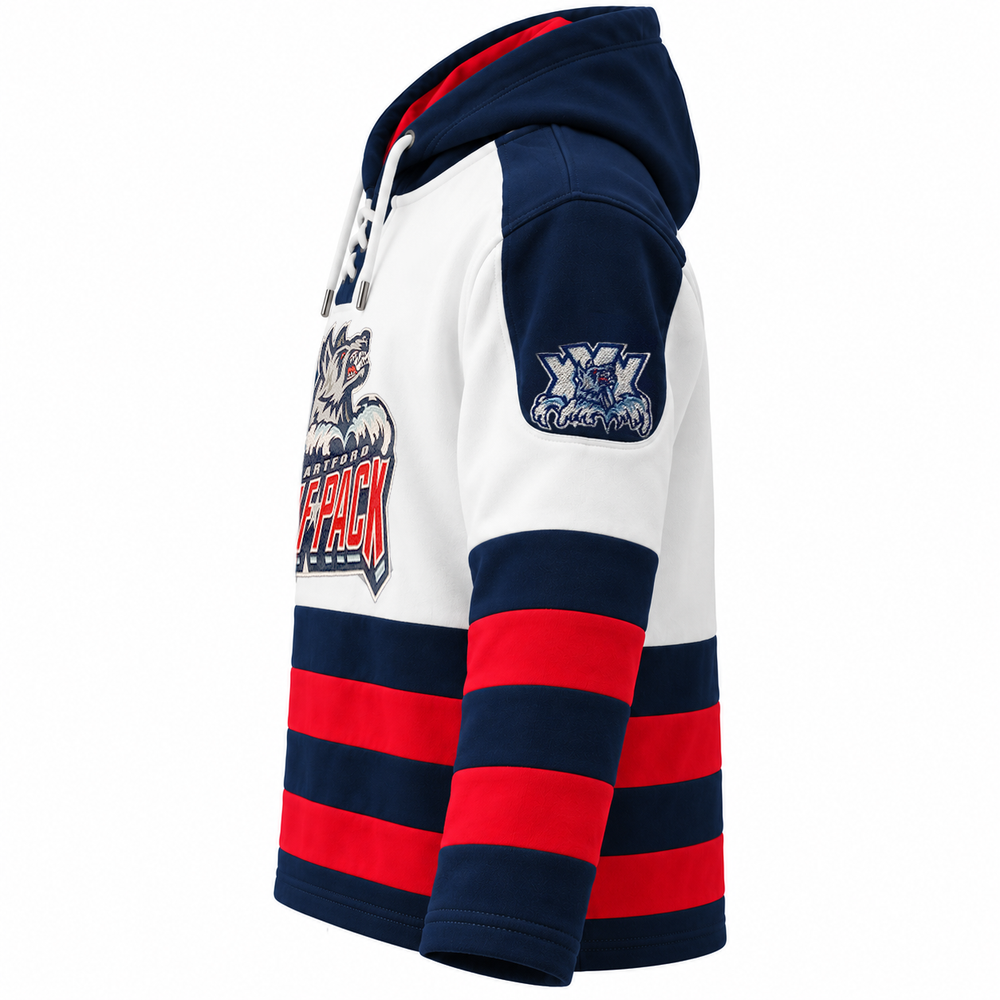 Hartford Wolf Pack Embroidered Primary Logo Lace White Hoodie with 30th Anniversary Patch on Sleeve Side View