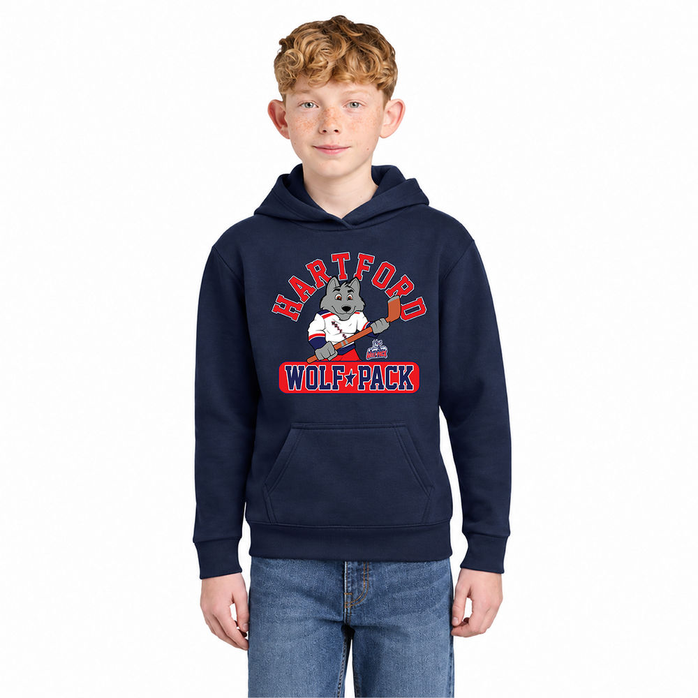 Hartford Wolf Pack Primary Logo Sonar Youth Core Fleece Pullover Hooded Sweatshirt Front View