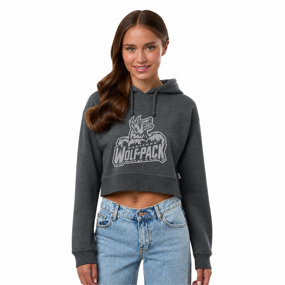 Hartford Wolf Pack Blackout Primary Logo Women's Crop Fleece Hooded Sweatshirt in Use
