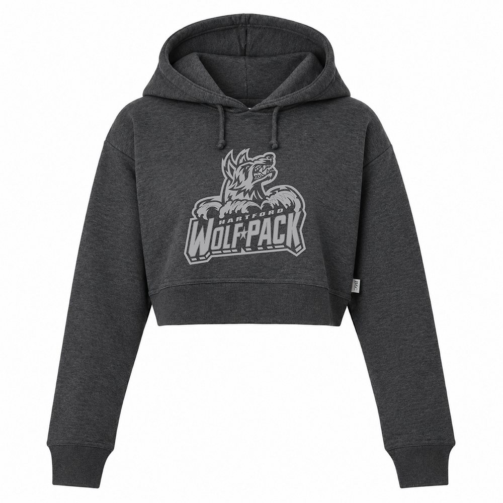 Hartford Wolf Pack Blackout Primary Logo Women's Crop Fleece Hooded Sweatshirt Front View
