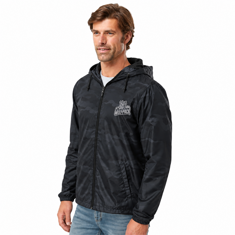 Hartford Wolf Pack Primary Logo Mens Lightweight Windbreaker Full-Zip Camo Jacket in Use