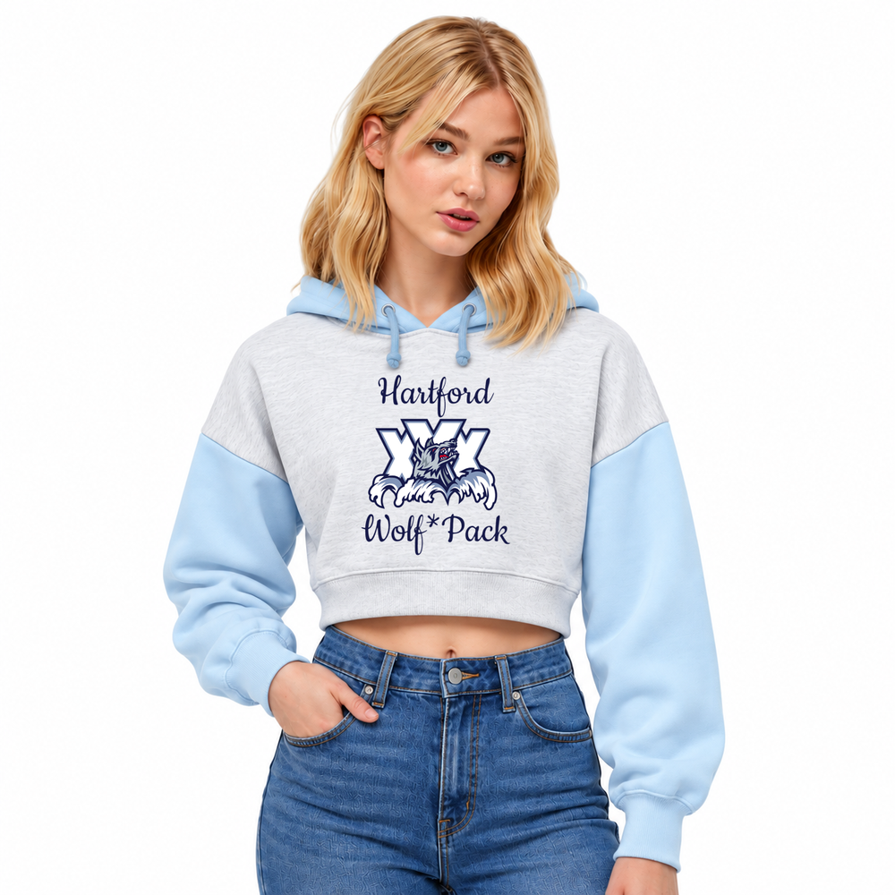 Hartford Wolf Pack "XXX" Primary Logo Women's Sueded Fleece Colorblocked Crop Hooded Sweatshirt in Use