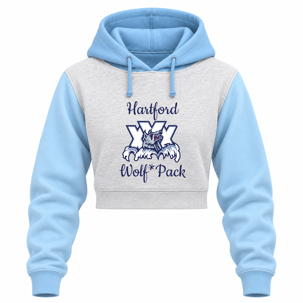 Hartford Wolf Pack "XXX" Primary Logo Women's Sueded Fleece Colorblocked Crop Hooded Sweatshirt Front View