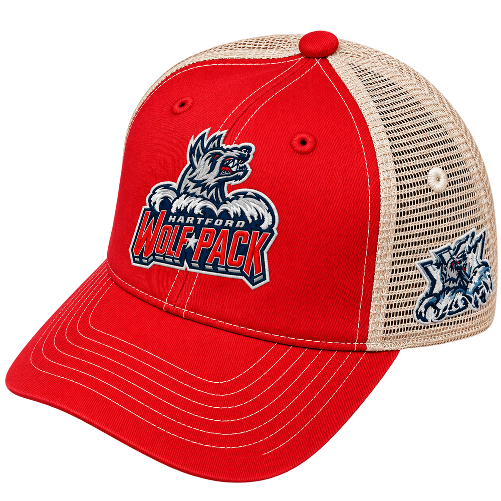 Hartford Wolf Pack Primary Logo, "XXX – 30th Anniversary" on Side Trucker Snapback Cap Red Side View