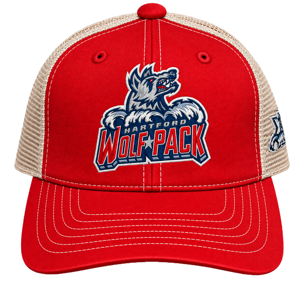 Hartford Wolf Pack Primary Logo, "XXX – 30th Anniversary" on Side Trucker Snapback Cap Red Front View