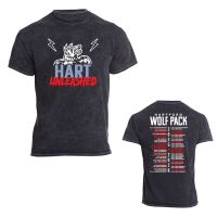 Black acid wash tee with the Wolf Pack wolf head in white on top of the the words Hart Unleashed. Hart is in blue, Unleased in read, accented by 2 lightning bolts above the wolf head. The back of the shirt features the words Hartford Wolf Pack above the f
