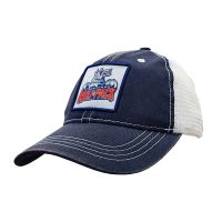 Trucker cap with a denim navy brim and front, and a white mesh back. Centered on the front is a square patch with a blue trim and the Hartford Wolf Pack logo center