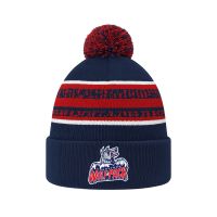 beanie with a red/navy pom pom on top. Primarily navy in color with a middle section outlined by 2 horizontal white pinstripes, between which are red/navy stripes with a static/random appearance 