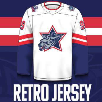 White jersey with the secondary Wolf Pack logo depicting a wolf-head submarine inside a red, white, and blue star. The shoulders feature the Primary wolf pack logo on the right, and the New York Rangers logo on the left. The sleeves are blue below the elb