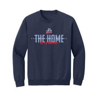 Heather navy crewneck sweatshirt. In the center chest is a small Wolf Pack primary logo, below which in large light blue print the words "THE HOME", below that in red letters "OF CT HOCKEY". Written in white small across the center of "THE HOME" is "Hartf