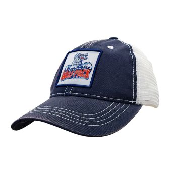 Trucker cap with a denim navy brim and front, and a white mesh back. Centered on the front is a square patch with a blue trim and the Hartford Wolf Pack logo center