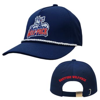 Navy ballcap with a white braided rope across the bottom of the front face, and the Hartford Wolf Pack primary logo centered. The words Hartford Wolf Pack are centered on the back of the hat above the buckle