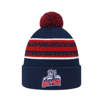beanie with a red/navy pom pom on top. Primarily navy in color with a middle section outlined by 2 horizontal white pinstripes, between which are red/navy stripes with a static/random appearance 